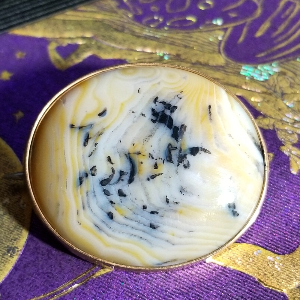 Antique yellow stone brooch Victorian pin Gold tone dendritic white banded agate